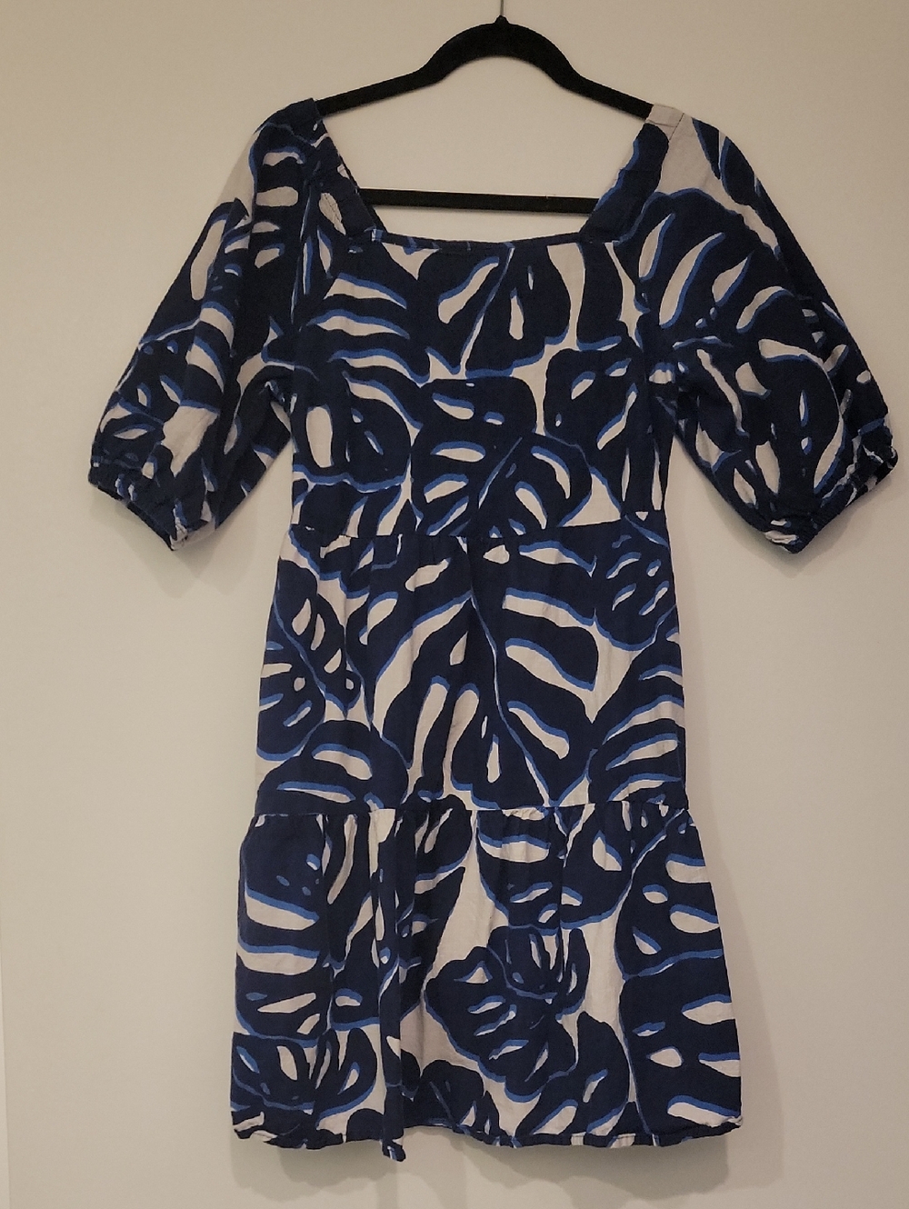Blue & White Tropical Palm Leaf Print Cotton Dress Puff Sleeve Resort Mini